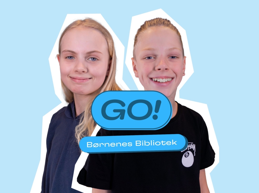 To børn og GO's logo samt en tekst: Børnenes Bibliotek