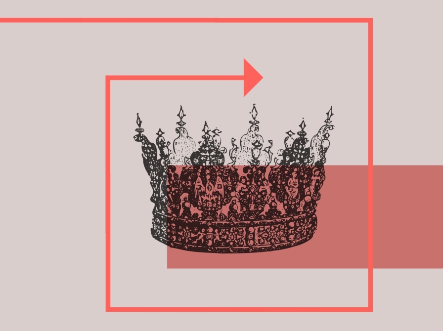 Dekorativ krone i grafisk design med røde linjer og farveblokke.